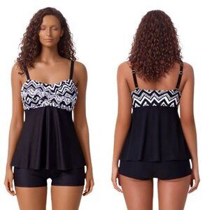 Large Black White Geometry Tankini Set Tummy Control Top Boyshorts NWOT